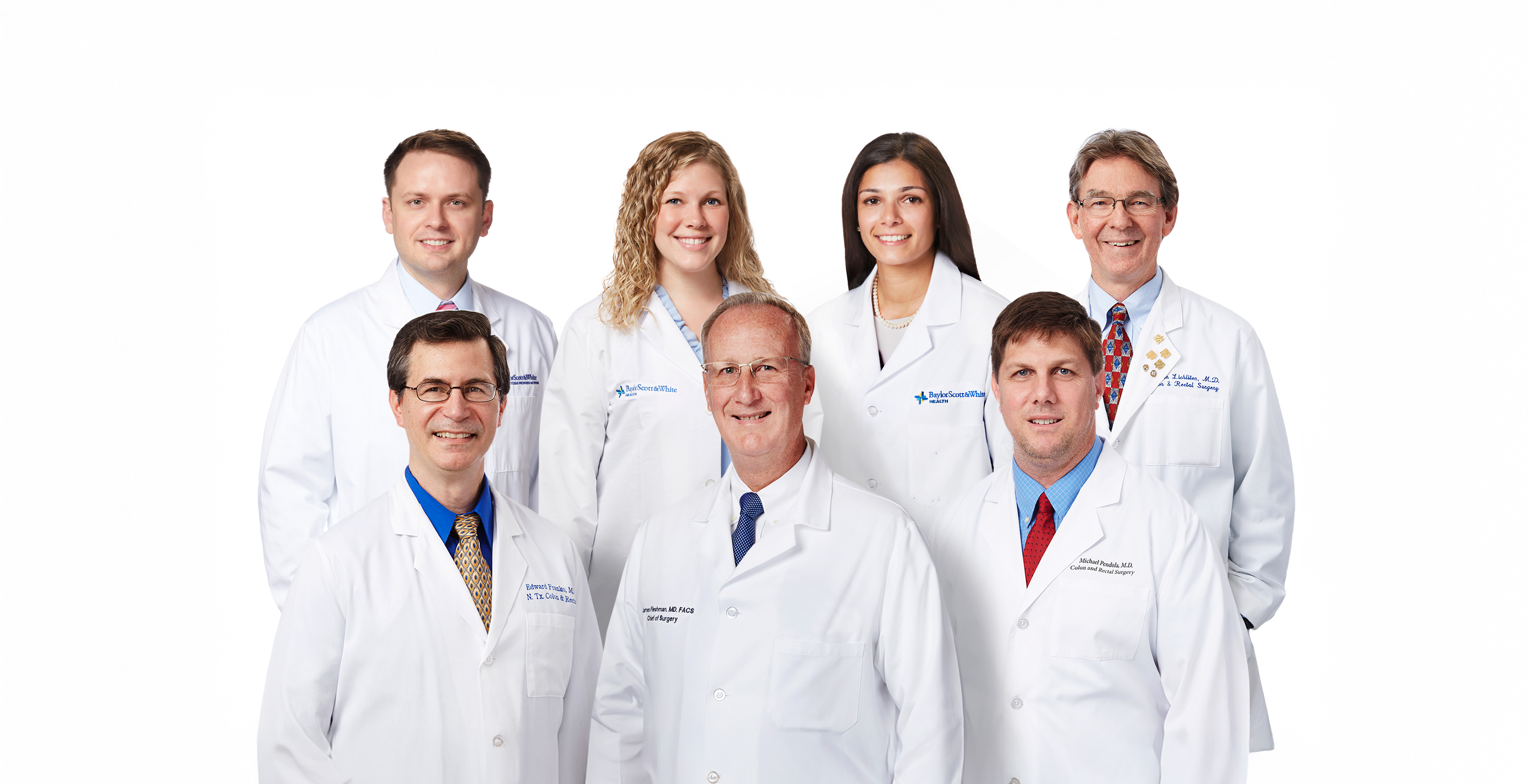 A group of eight colon and rectal surgeons from North Texas Colon and Rectal Associates in white lab coats