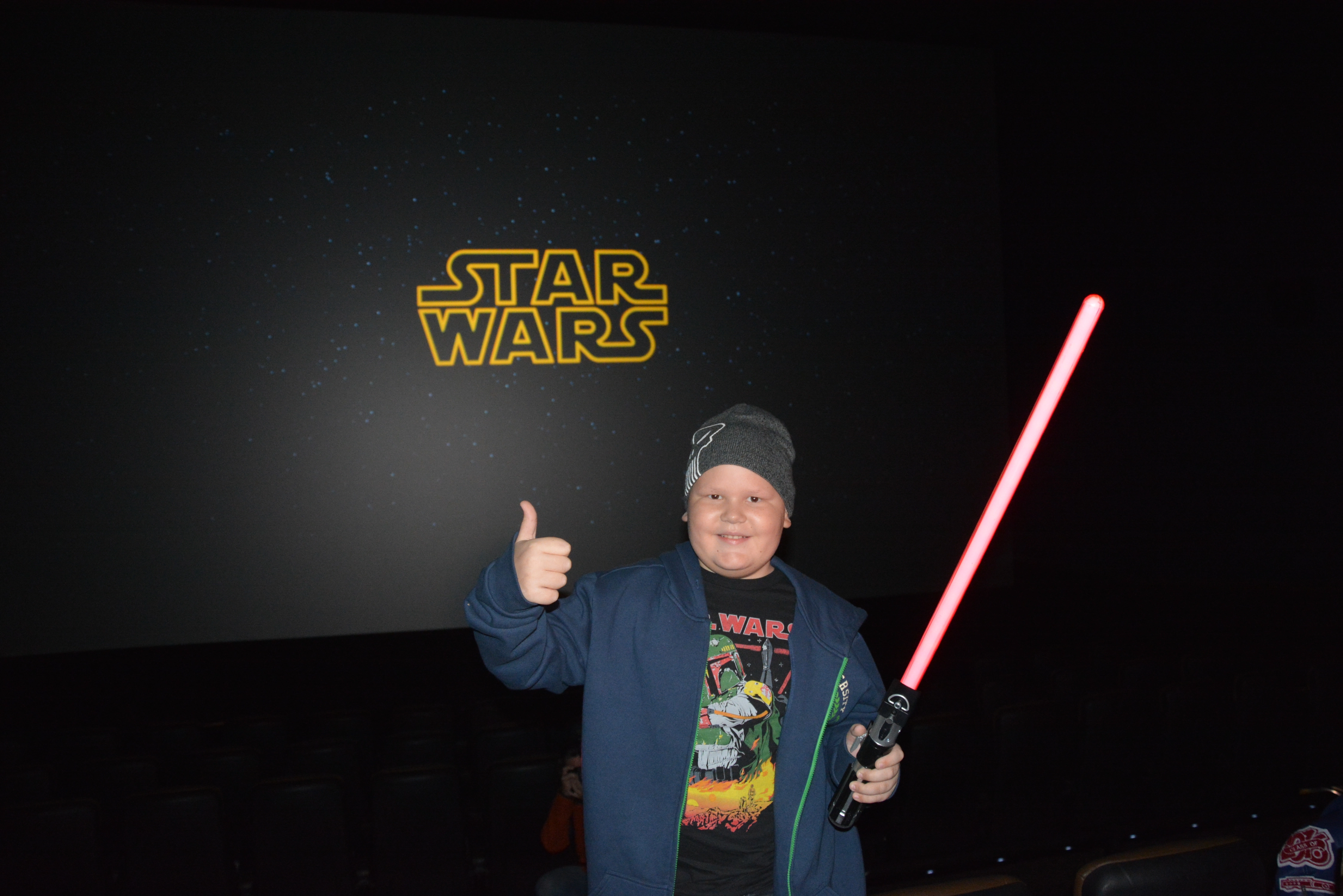 Luke was excited by the surprise trip out of the confinement of his hospital room to see the new Star Wars movie.