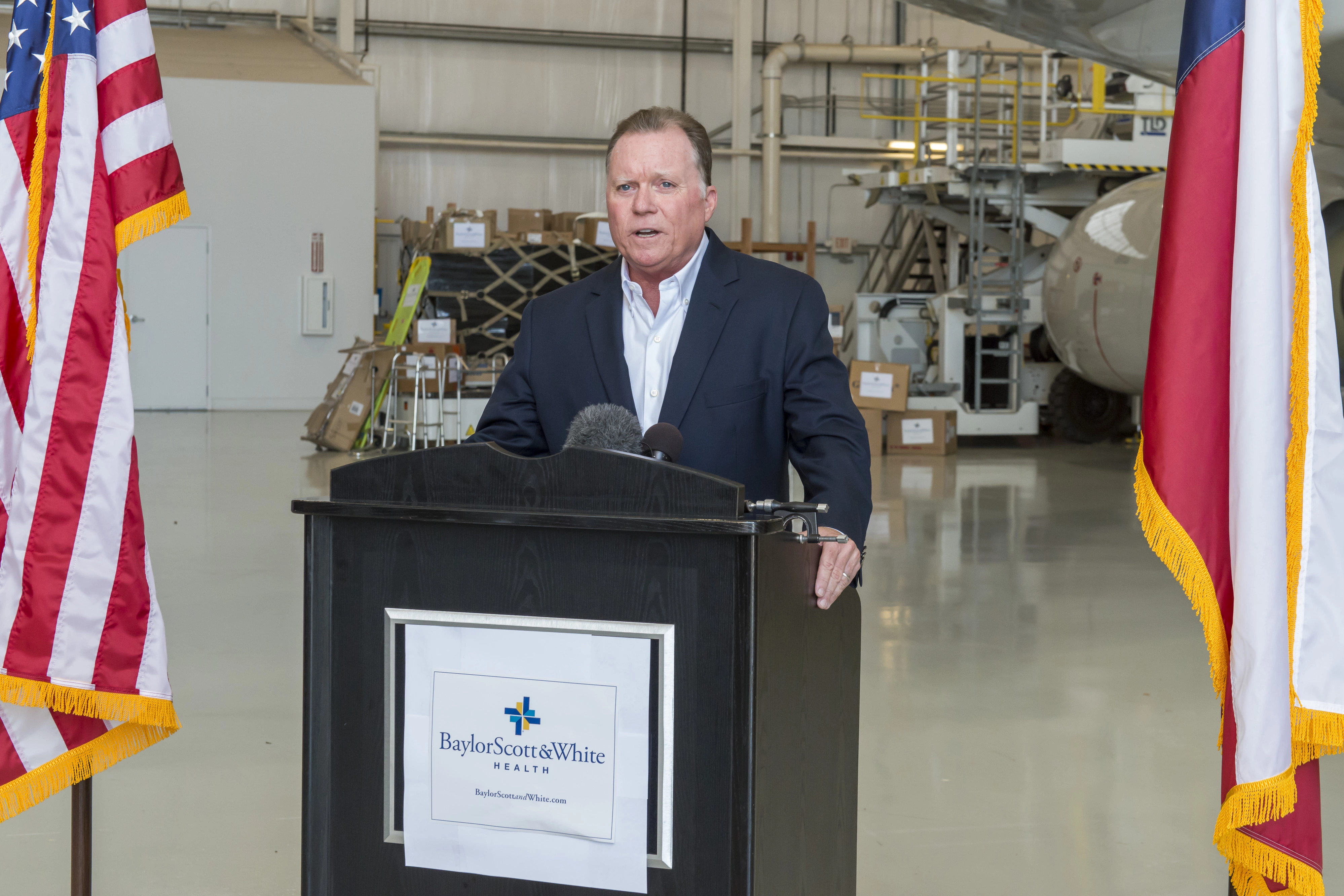 Mike Berry of ATX Services speaks about medical supply delivery sent from North Texas to Hungary aboard a specially configured cargo-capable Boeing 737.