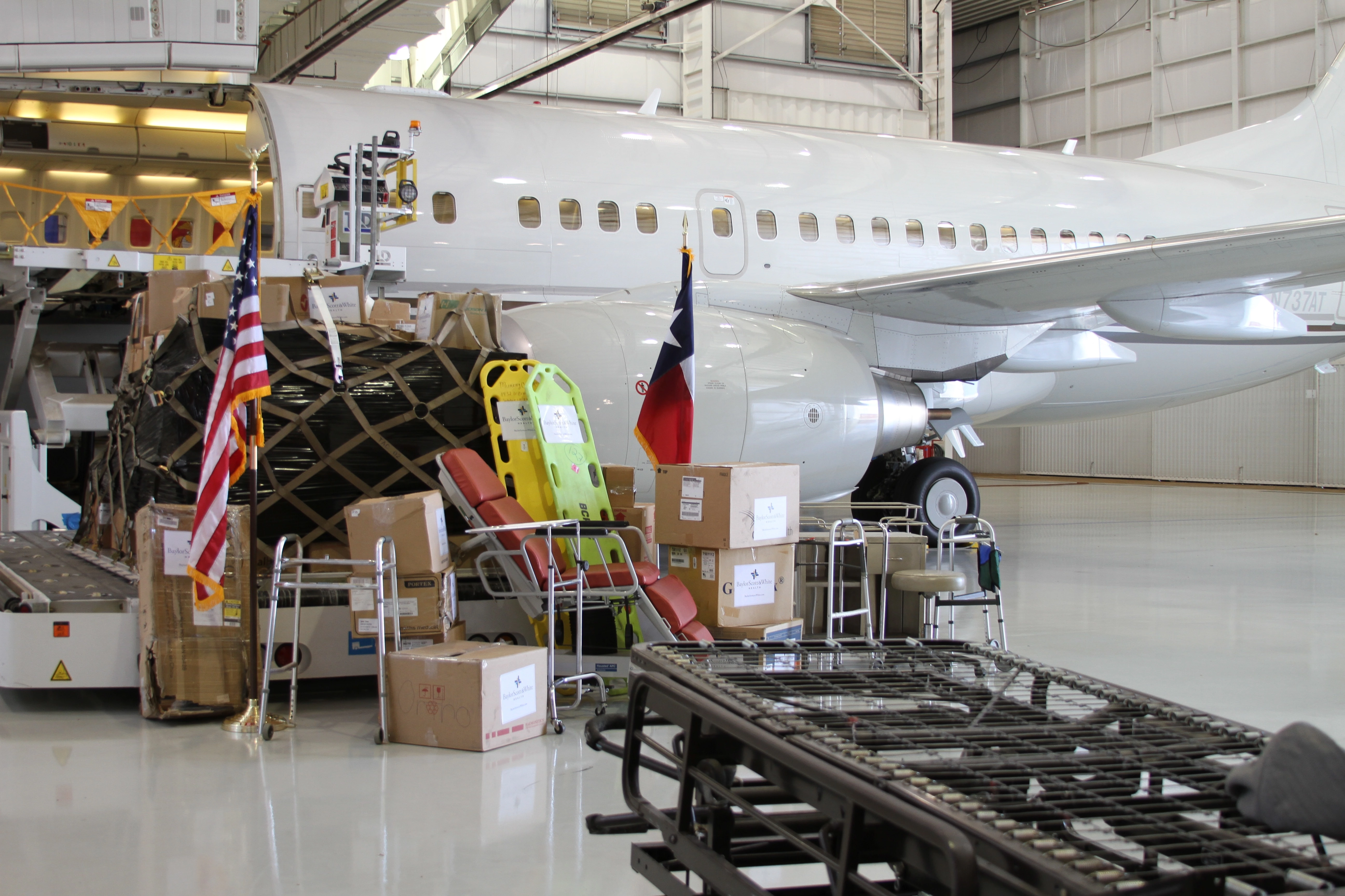 Cargo is prepped for transport on the Boeing 737 aircraft.